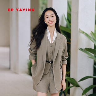EP雅莹蓝标系列外套女 老钱风翻领宽松亚麻西装 26春装新款1102A