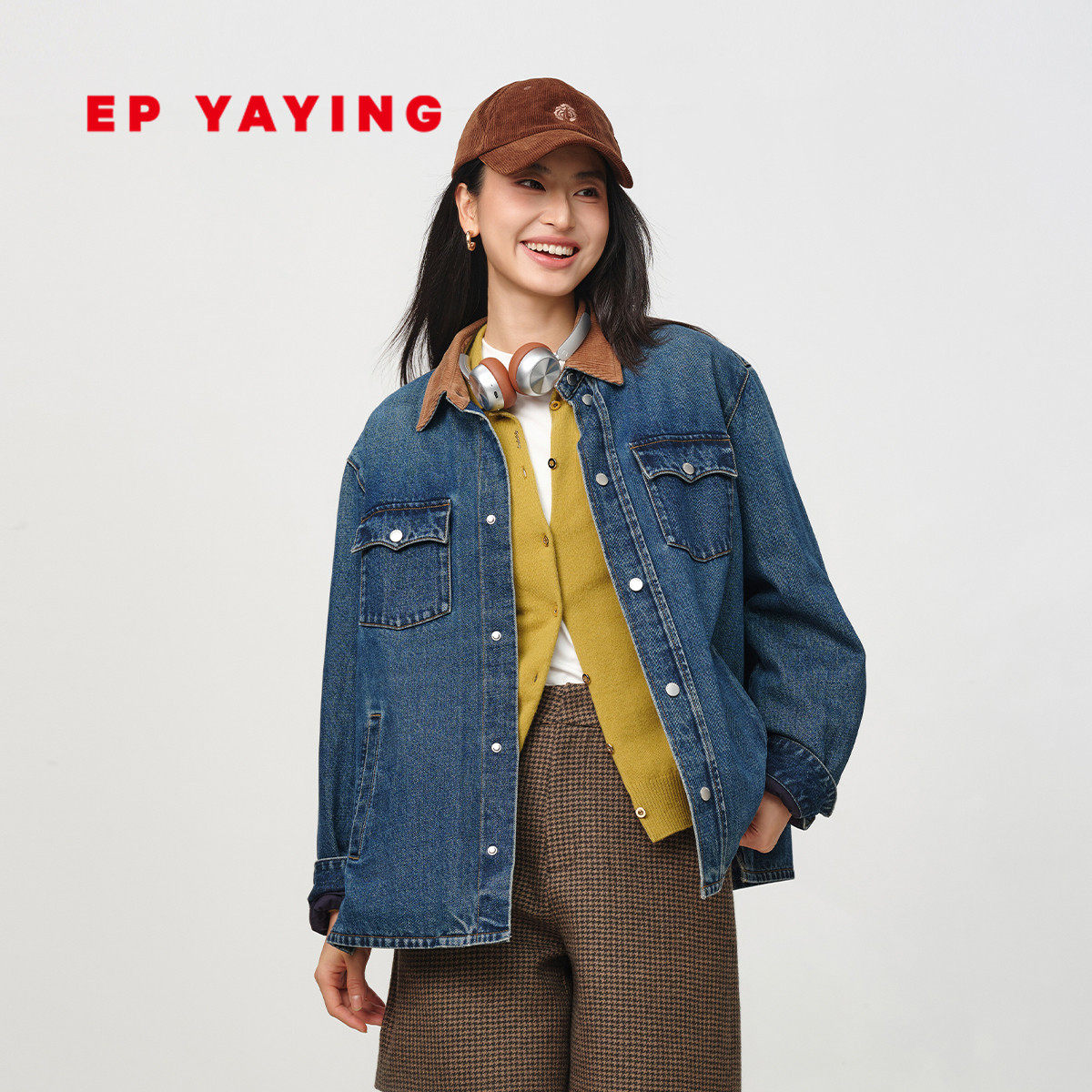 EP雅莹牛仔外套女 复古翻领长绒棉活性染水洗夹克 商场同款JM02A