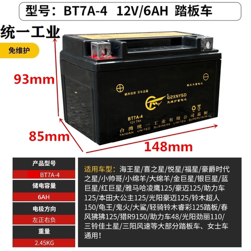 统一摩托车电瓶免维护豪爵