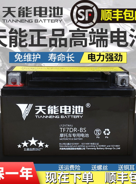 天能摩托车电瓶12V通用免维护7A9A5A125踏板车弯梁跨骑车干蓄电池