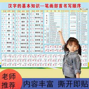 汉语笔画名称表墙贴小学生常用偏旁部首贴纸笔画顺序贴纸知识挂图