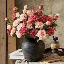 复古油画玫瑰仿真花假花客厅花艺高端装饰品插花瓶摆件餐桌干花束