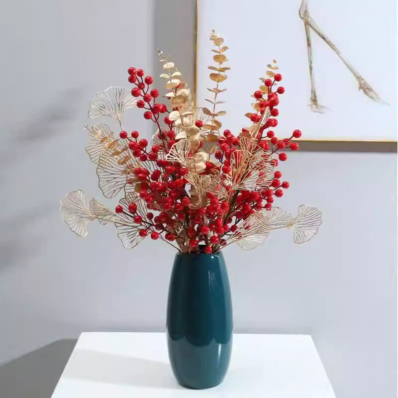 红果子发财果仿真花红色浆果假花年宵花银柳客厅摆件乔迁结婚装饰