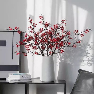 冬青红果发财果仿真花摆件假花绢花花束客厅餐桌红色花招财浆果花
