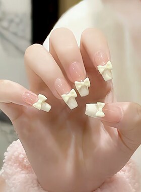 网红新中长版学生显白美甲穿戴甲奶黄蝴蝶结高级感可拆卸假指甲片