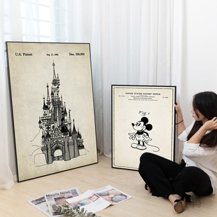 米奇挂画潮流米老鼠客厅卧室儿童房间装饰画复古风迪士尼城堡壁画