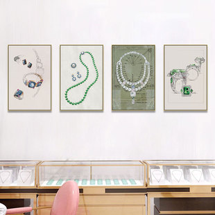 珠宝首饰店挂画钻戒翡翠项链奢侈品店墙面装饰画珠宝设计手稿壁画