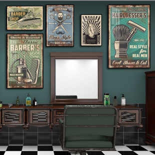 男士理发馆装饰画美发造型店沙龙barbershop挂画复古美式油头壁画