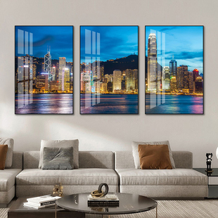 香港维多利亚港装饰画城市建筑三联画餐厅挂画港式茶餐厅墙面壁画