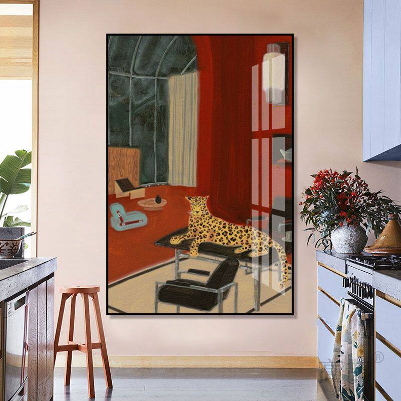 中古风金钱豹装饰画客厅美式高级感骏马挂画玄关走廊复古艺术壁画