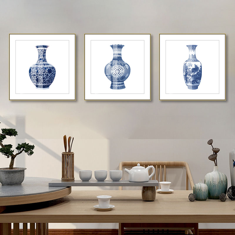 青花瓷挂画新中式客厅餐厅别墅画茶室装饰画青釉陶瓷瓷器花瓶壁画图片