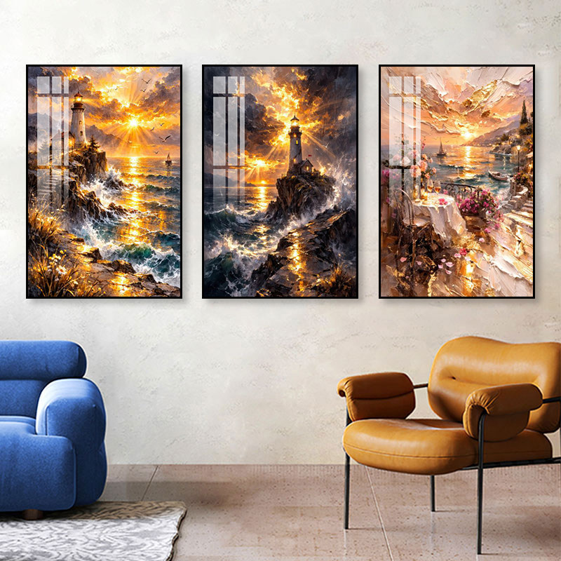 酒店玄关金色油画装饰画巴黎铁塔爱琴海建筑风景壁画卧室餐厅摆画