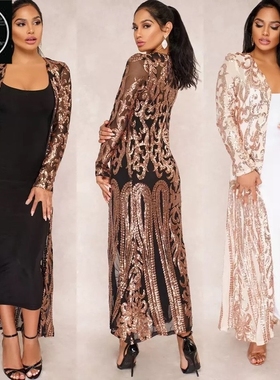 Sequin Jacket Women's Sexy Party Mesh Beach Dress Long Coat