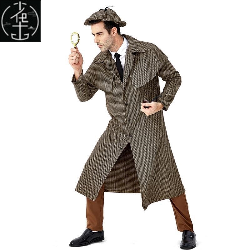 Halloween male detective Sherlock Holmes plays costume