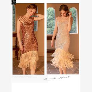 性感亮片钉珠连衣裙主持人覆古宴会派对舞台夜店盖茨比流苏礼服
