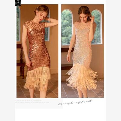 性感亮片钉珠连衣裙主持人覆古宴会派对舞台夜店盖茨比流苏礼服