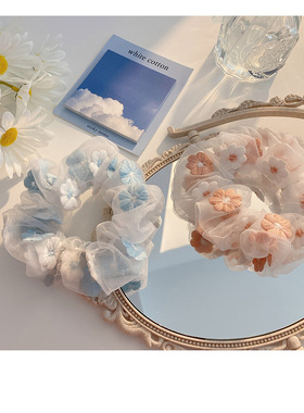 法式浪漫复古风vantage~ins刺绣花朵发圈欧根纱夏网纱大肠圈发绳