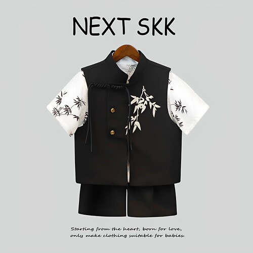 英国NEXT SKK男童新中式礼服国潮刺绣马甲短裤套装花童主持表演服