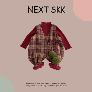 春秋冬加厚夹棉女童新年衣服 套装 英国NEXT SKK女宝宝拜年服背带裤
