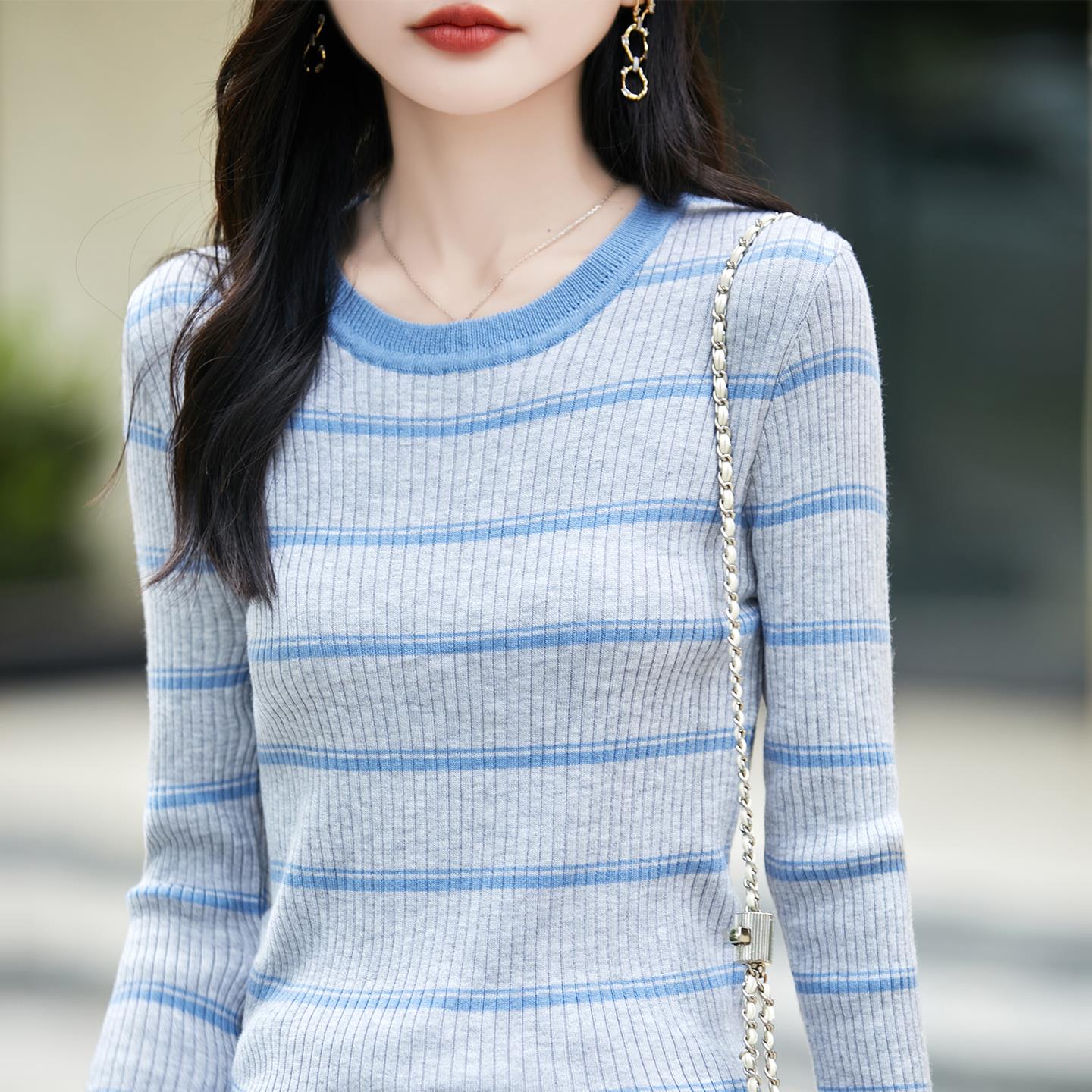 ROUMIKL法式撞色条纹长袖针织衫女2025新款韩版显瘦内搭精纺毛打