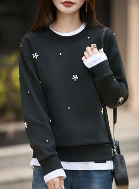 ROUMIKL韩式休闲风钉珠镶钻卫衣女宽松慵懒圆领长袖上衣灰色针织