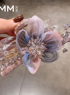 超仙蝴蝶结鲨鱼夹高级感发量多全盘发夹新款粉紫色水晶花抓夹女