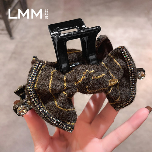 秋冬新款镶钻针织蝴蝶结鲨鱼夹