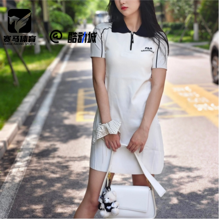 FILA女子编织Polo领短袖连衣裙