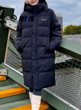FILA斐乐 黑色男女舒适百搭户外保暖连帽长款羽绒服F51U549903FBK