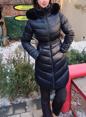 KOLON SPORT可隆黑色女子连帽收腰保暖中长款羽绒服TVJDW24532