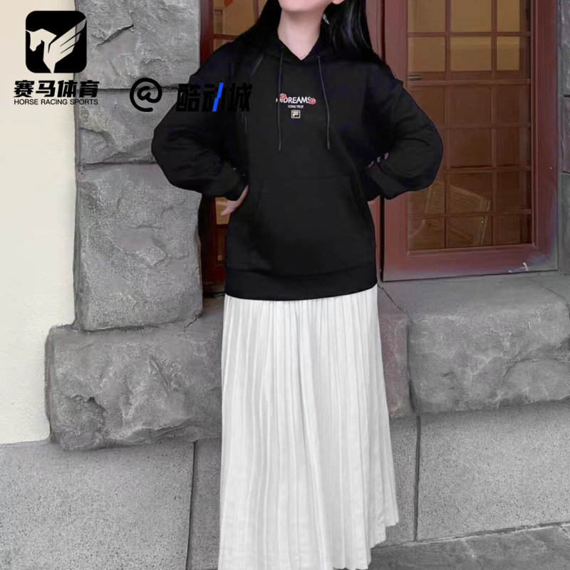 斐乐黑色海棠花运动百搭连帽卫衣