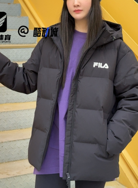 FILA斐乐 黑色男女舒适简约百搭运动休闲连帽羽绒服F51U549904FBK