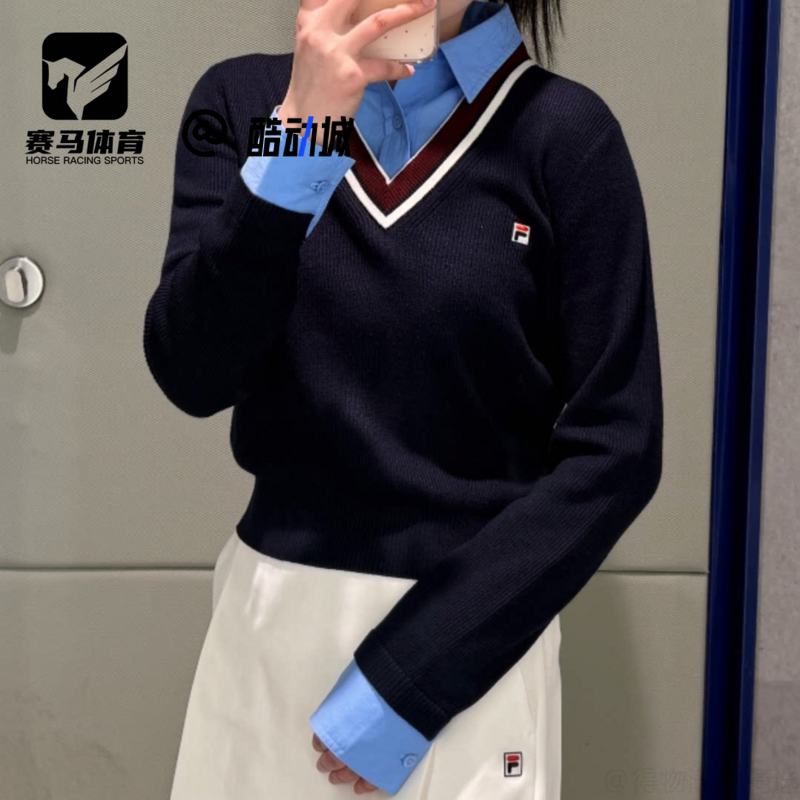 斐乐蓝色假两件学院风针织衫毛衣