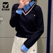 FILA斐乐蓝色女子假两件学院风运动休闲针织衫 毛衣F11W618418F