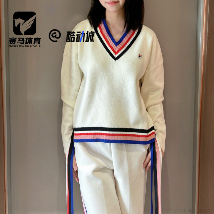 斐乐女子条纹V领针织长袖毛衣