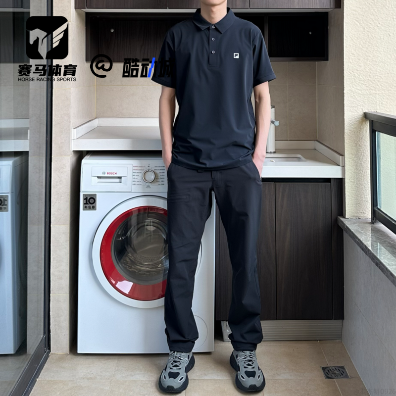 斐乐黑色梭织健身短袖Polo衫