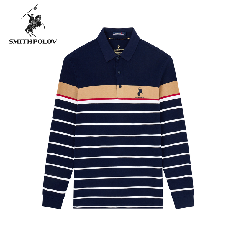 【100%棉】SMITHPOLOV斯密特保罗撞色条纹纯棉长袖POLO衫翻领T恤