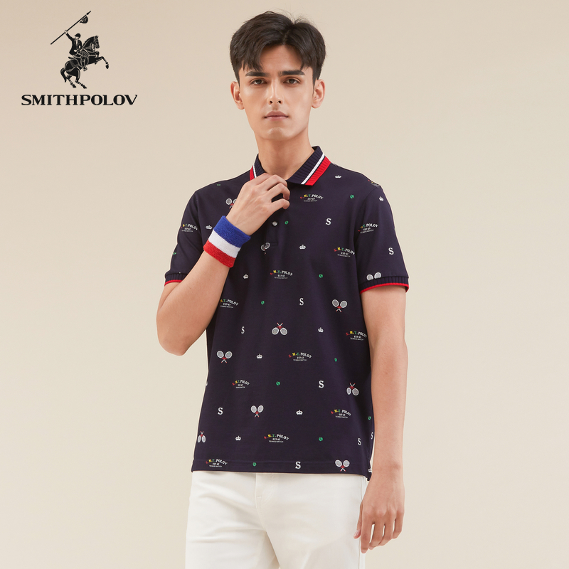 SMITHPOLOV斯密特保罗夏季新款运动短袖男POLO衫印花翻领T恤