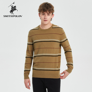 SMITHPOLOV斯密特保罗冬季新款条纹羊毛衫男圆领羊绒衫针织衫毛衣