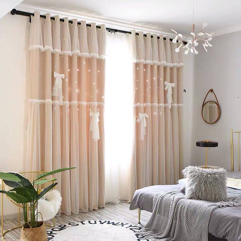 窗帘韩式镂空星星网红ins公主风卧室少女布纱一体双层遮光蕾丝