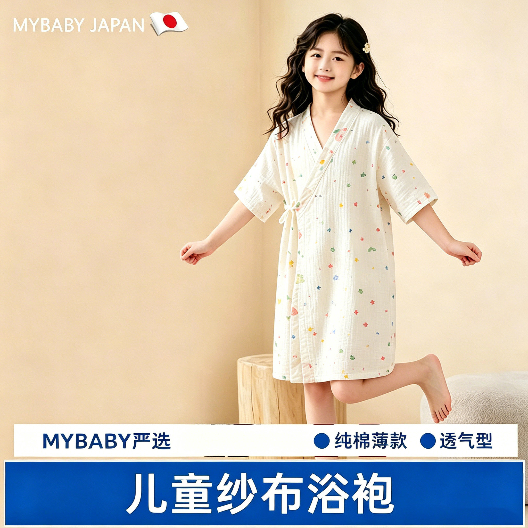 日本儿童纱布浴袍可穿式夏季薄款a类纯棉睡袍宝宝睡衣男女童浴袍