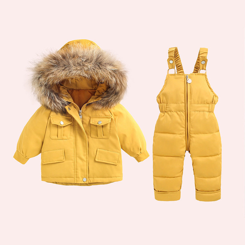 儿童羽绒服套装2024新款冬装男女宝宝韩版背带裤两件套外贸批发