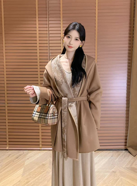 SHAOER【姐范儿】老钱风AB面印花双面呢羊毛连帽外套 S725X17772