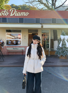 SHAOER【奢暖】米色收腰轻薄保暖拼接环保毛羽绒服 S725R21353