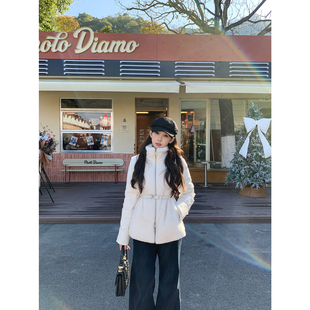 SHAOER【奢暖】米色收腰轻薄保暖拼接羊羔毛羽绒服 S725R21353