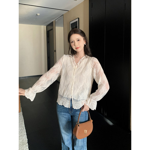 SHAOER【葭月】法式V领重工刺绣网纱蕾丝衬衫女宽松叠穿上衣