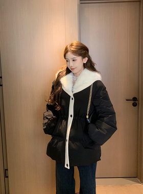 SHAOER【雪国列车】复古黑色大毛领收腰保暖羽绒服S725R21165