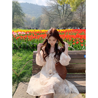 SHAOER【椿野】法式重工亮片绣花V领系带连衣裙S726Q02421