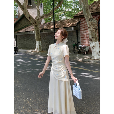 SHAOER【杏花谣】新中式立领盘扣假两件刺绣连衣裙S726Q06651