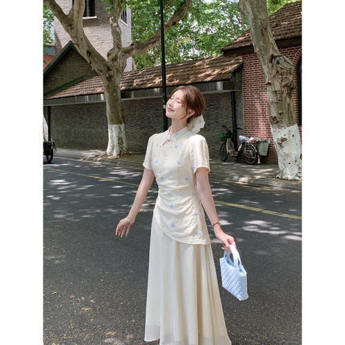SHAOER【杏花谣】新中式立领盘扣假两件刺绣连衣裙S726Q06651
